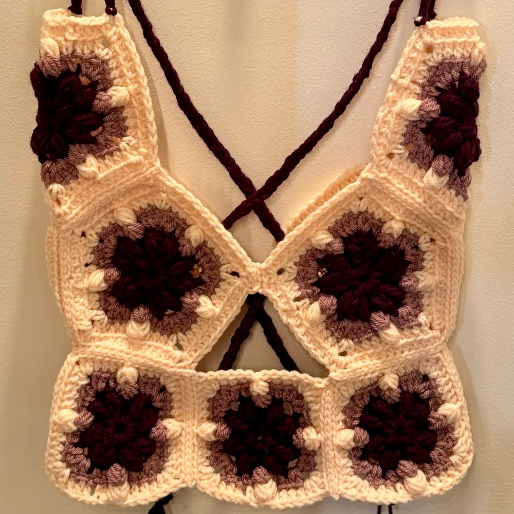 Handmade Crochet Crop Top in Cream and Brown
